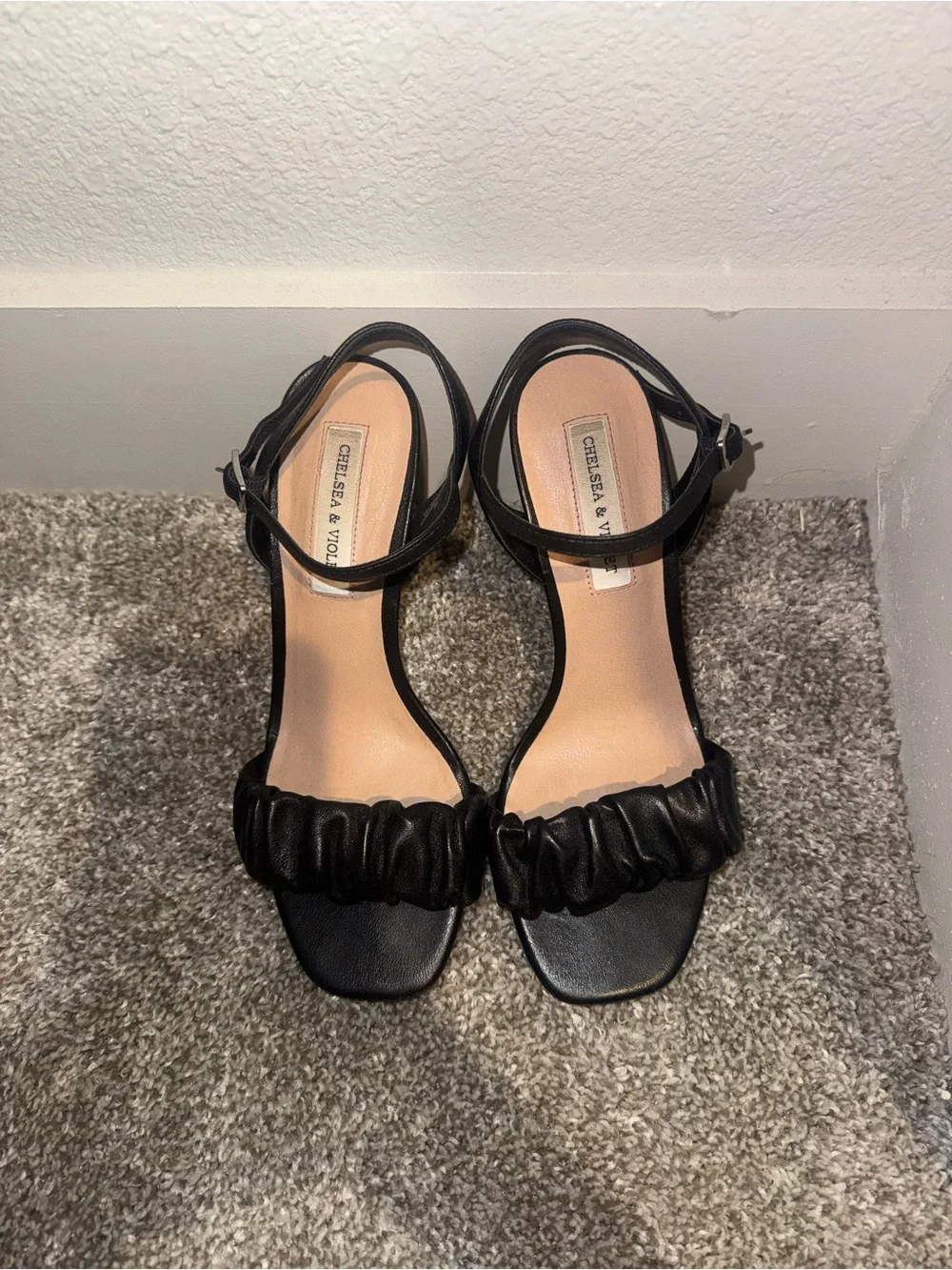 Chelsea & Violet Black Ruched Strap Heels